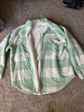 aerie Green and White Plaid Sherpa-Lined Shacket